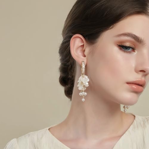 White Pearl Petal Flower Hoop Dangling Earrings For Women,Long Sparkly CZ Cubic Lightweight Women Jewelry Earrings For Wedding Party Bride Bridesmaid2