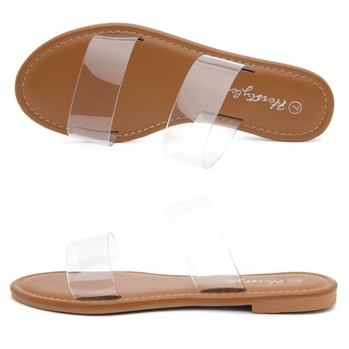 Image of Herstyle Flat Sandals for Women, Double Strap Slide Sandals, Open Toe Slip On, Comfortable Cushioned Footbed Casual Summer Shoes for Daily Wear, Beach, Vacation, Clear Options