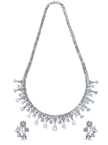 Image of Yellow Chimes Jewellery Set for Women Rhodium Plated Cubic Zircon Silver Necklace with Earring Set Floral Design Classic CZ Stoned Jewellery Set for Women and Girls