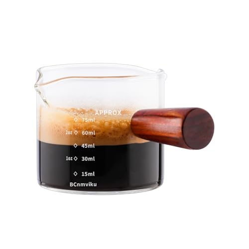 NLnnmuzh Espresso Cups with Dual Spouts,Glass Coffee Cup with Wood Handle,Espresso Measuring Cup for Latte,Macchiato,Cappuccino,75ml (1)