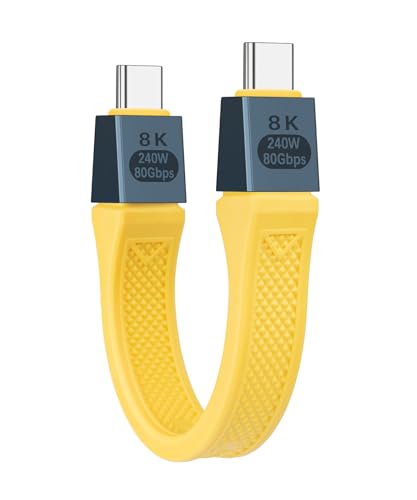 Seminer Câble plat court USB-C vers USBC 240W (13 cm), Compatible Thunderbolt 5/4 à 80 Gbit/s, Charge Rapide, OTG et Prise en Charge de L'affichage 8K pour tous les Appareils Type-C-Jaune