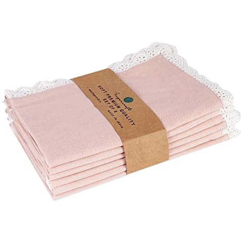 Cloth Napkins Dinner Vintage lace Washable in Cotton Linen Fabric, 6 Pack, Premium Quality, Mitered Corners for Every Day Use Napkins are Pre Shrunk and Good Absorbency Dusty Pink Lace Cover