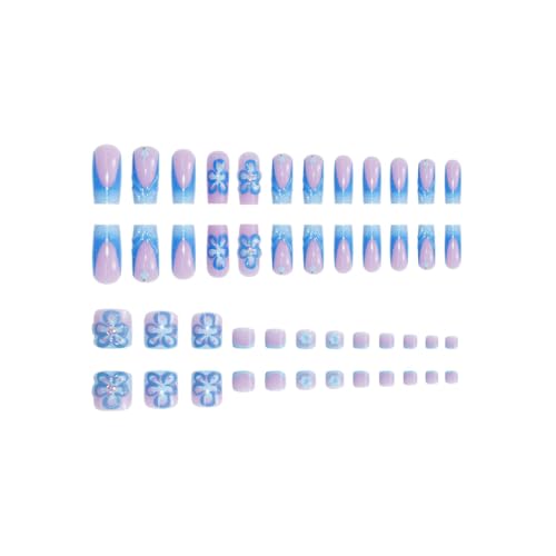 Image of 48 Pcs Blue French Tip Press on Toenails 3D Flower Press on Nails Square Fake Nails with Design Ombre Glue on Toe Nails Set for Women Glossy Artificial Acrylic Full Cover Manciure