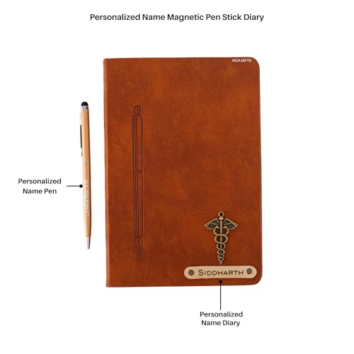 Image of AICA Personalized Name & Charm Magnetic Stick Leather (Tan Brown) Diary & Roller Pen | Customized Corporate Gift for Men|Diwali Gifts for Family and Friends | Diwali Gift |Diary for Men|Gifts For Men