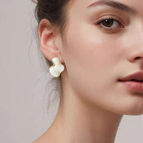 Irregular Statement Earrings for Women Unique Stainless Steel Petal White Enamel Large Stud Trendy Jewelry 5