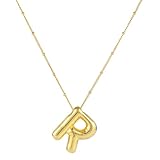 BOXOB Necklace, 14k Gold Plated Balloon Initial Necklace Personalized Balloon Alphabet Pendant Necklaces Jewelry Gift for Women Girls (R)