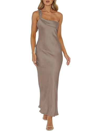 Image of 2026 Satin One Shoulder Maxi Dress for Women Summer Silk Formal Elegant Backless Ruffle Sleeveless Wedding Guest Dresses