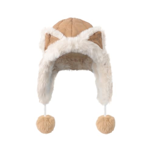 Womens Cute Cartoon Cat Ear Winter Warm Sherpa Lined Ski Hat Pilot Hood Cap Windproof Earflap Peruvian Trapper Hat