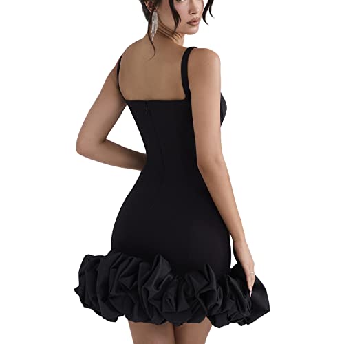Image of Women Spaghetti Strap Bodycon Dress Solid Color Pleated Ruffle Hem Dress for Cocktail Nightclub Beach