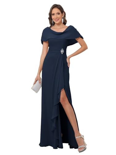 Chiffon Mother of The Bride Dresses Cap Sleeve Ruffles Long Formal Evening Party Gown with Split