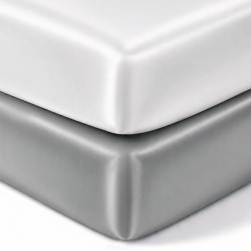 Image of Pro Goleem Satin Mini Crib Sheets 2 Pack, Grey & White Silky Soft Fitted Sheet for Baby Hair Protection, 38 inchx24 inchx5 inch Breathable Mattress Cover Compatible with Pack n Play & Portable Crib