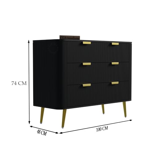 Image of Wooden Chest of Drawers | 3 Drawers Dresser Console Cabinet for Bedroom, Living Room, Drawing Room & Office | Multipurpose Storage Sideboard | HDMR Premium Wood & Iron, Black