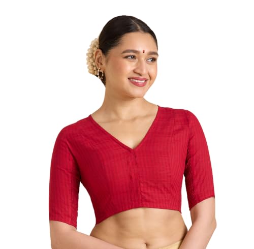 Image of Studio Shringaar Women Cotton Half Sleeve Madras Checks Saree Blouse with Stretchable Sides