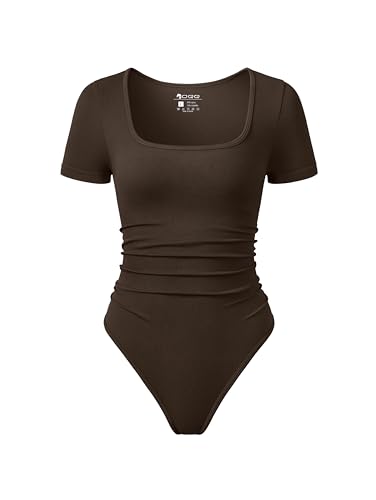 Image of OQQ Women Bodysuits Ruched Short Sleeve Square Neck Stretch Lounge Travel Bodysuits