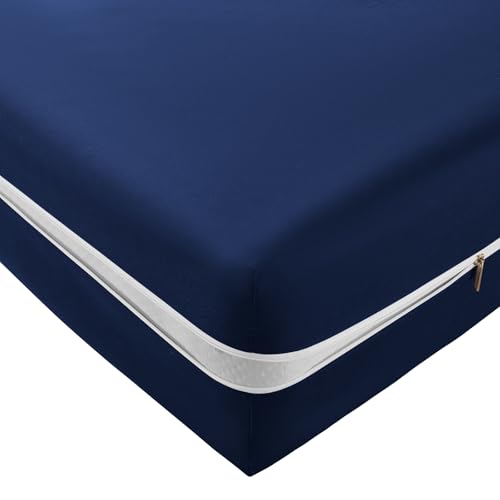 SiinvdaBZX Zipper Fitted Sheet Queen Only Ultra-Soft Microfiber Zippered Mattress Cover Protector Bed Bottom Sheet Cover for 12-16 Inch Deep Mattress Navy Blue