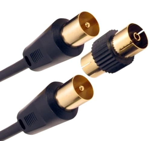 Relloh Coaxial TV Aerial Cable 3m - Black Coax Satellite Cable TV Antenna AV Lead Male to Male Gold-Plated Connectors for FreeView, FreeSat, Sky Box, BT with Male to Female Adaptor