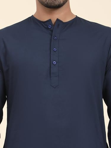 Image of Amazon Brand - Anarva Men's Cotton Solid Round Neck Kurta Long Sleeves Straight Knee Length Casual Shirt