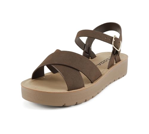 Image of Soda CHESTER ~ Women Flat Sandals Flatform Ankle Buckle Criss Cross Band Straps Sandals Shoes (Gold Raffia, 5.5)