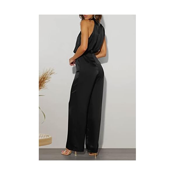PRETTYGARDEN Women's Satin Jumpsuits 2023 Summer One Piece Outfits Mock Neck Sleeveless Wide Leg Pants Rompers (Black,Large)
