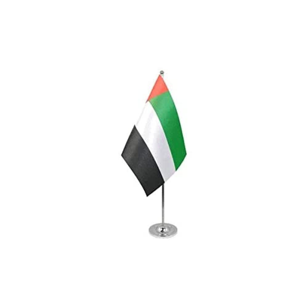 AZ FLAGUnited Arab Emirates Prestige Table Flag 6'' x 9'' - Emirati Office Flag 100% Satin 22 x 15 cm - Desk Flag with Steel Pole and Base