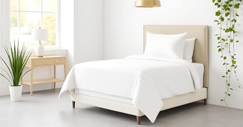 Image of 300 TC Glace Cotton Plain Stripe Queen Size Single Bedsheet with 1 Pillow Cover for Home, Hotel, Guest Room (60 X 90) Inch White Pack 1
