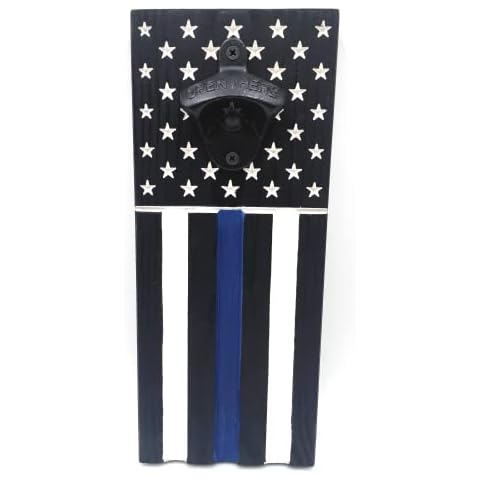 Veteran Crafted Wood American Flag Wall Mount Bottle Opener - Red, White and Blue or Thin Line Versions Available - Made in USA (Thin Blue Line) Cover