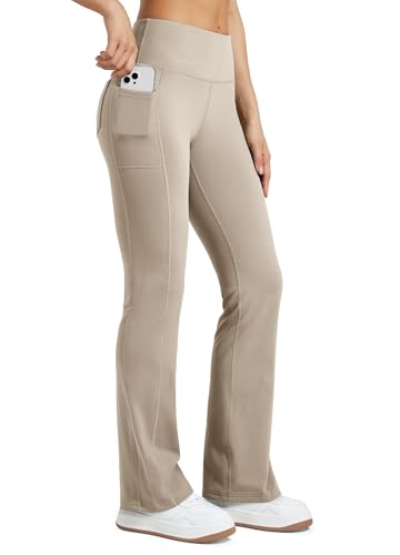 WILLIT Thermo Leggings Damen Winter Gefütterte Fleece Sporthose Yogahose Warm Sport Leggings Laufhose Bootcut Hose High Waist mit Taschen Khaki M