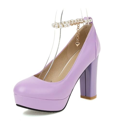 UniqueStride Womens Block High Heel Pumps Platform Chunky Heel Round Toe Ankle Strap Elegant Bow Dress Shoes