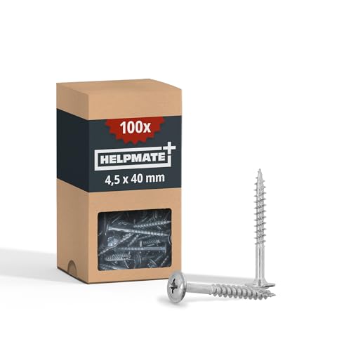 HELPMATE - Tornillos conectores de madera de cabeza plana 4,5 x 40 galvanizados - Paquete de 250 tornillos de madera con accionamiento PZ2 y muesca de corte - Para fijar accesorios de metal a madera