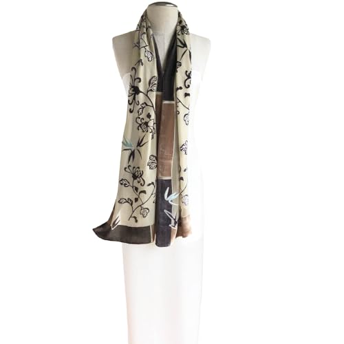 JJ collection Silk Base Burn-out Velvet Shawl,72" L x 21" W, Oriental Daisy Floral, Brown velvet on Beige Silk3