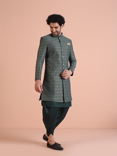 Kisah Men's Ethnic Wear Silk Blend Printed Regular Fit Green Kurta Indo-Western Sherwani Set Indo-Western (36)
