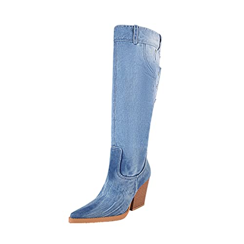 vivianly Women Denim Knee High Boots Pointy Toe Chunky Stacked Heel Cowgirl Boot Size 6.5 - image 1