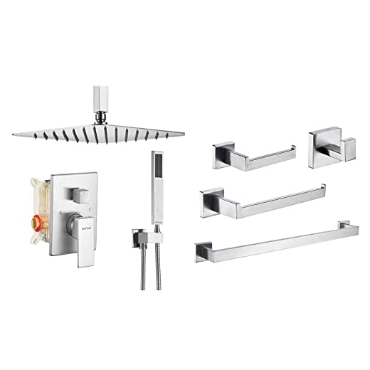 ESNBIA 10 Inches Rain Shower Head with Handheld Combo Set+Stainless Steel 4 Pieces Bathroom Hardware Accessories Set, Brushed Nickel