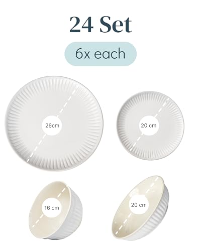 24-Piece Dinnerware Set Hygge Series - Bowl and Plate Set - Stoneware Dining Set for 6 People - Dishwasher and Microwave Safe - Grooved Dining Service in Light Grey