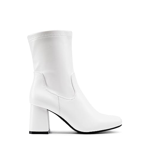 DREAM PAIRS Women's Mid Calf Gogo Boots Low Block Heel Square Toe Ankle Boot with Zipper for Party Cosplay Dance,Size 6,White,SDMB2301W