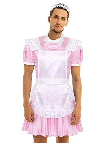 Sywiyi Men's Sissy Satin Maid Outfit Crossdresser Babydoll Nightdress with Apron Headband 3Pcs Set