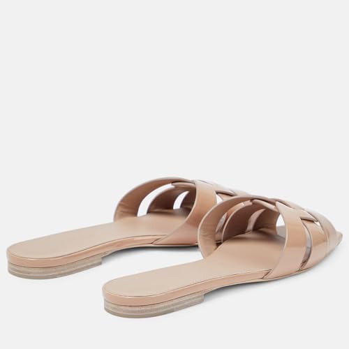 Image of THESHY Women's Flat Sandals Square Toe Patent Leather Comfortable Slip on Slippers Casual Summer Dressy Beach Slide Sandals for Women