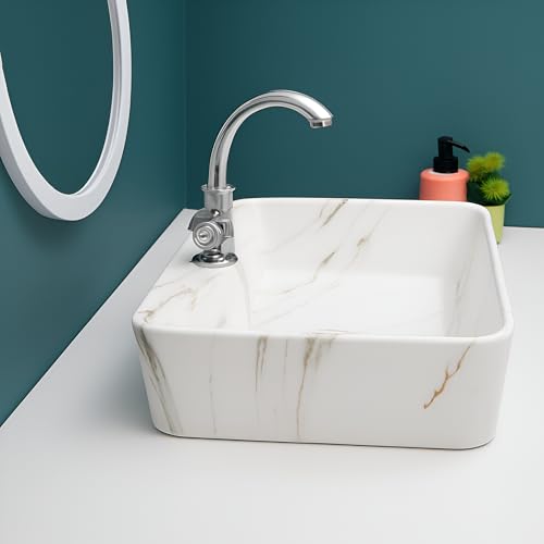 Image of Premium White Ceramic Table Top Wash Basin, Modern Countertop Vanity Sink for Bathroom, Hotel & Residential Washrooms, 19 x 14 x 5 Inch