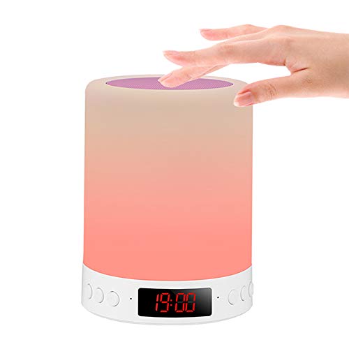 Luz Nocturna de LED,Altavoz Bluetooth Luz de Nocturna Lámpara de Mesita de Noche,7 colores regulable lámpara de cabecera con despertador,Control Tactil/reproductor deMP3/radio FM/USB Recargable