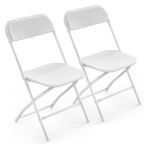 VINGLI 2 Pack White Plastic Folding Chair, Indoor Outdoor Portable Stackable Commercial Seat with Steel Frame 350lb. Capacity for Events Office Wedding Party Picnic Kitchen Dining