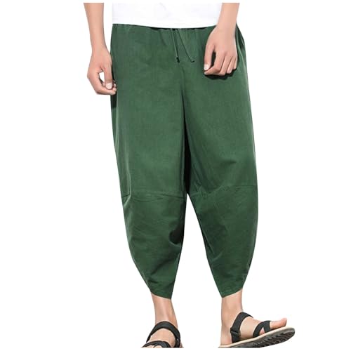 Men's Linen Pants Plus Size Fashion Solid Color Loose Comfy Wide Leg Capri Sweatpant Summer Beach Casual Trouser