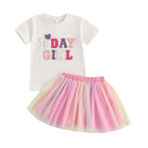 Toddler Baby Girl Birthday Outfit Emboridery Letter Print Shirt Top Tutu Skirt Mesh Princess Dress Cake Smash Outfit