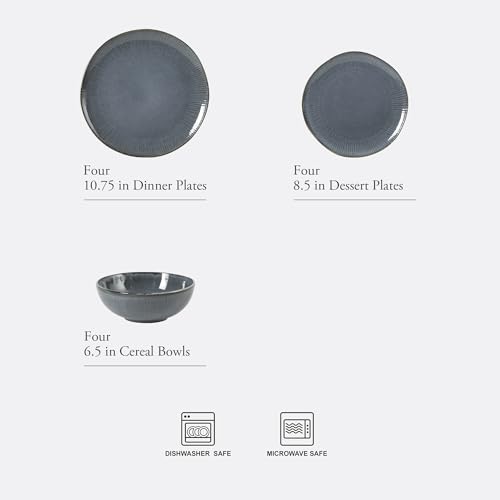 Image of Gibson Elite Sandy Pines Stoneware Plates and Bowls Set - 12 Piece Reactive Glaze Dinnerware Set - Service for 4 - Dishwasher and Microwave Safe - Blue