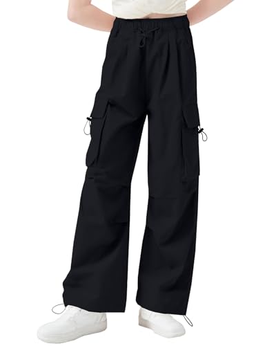 Image of AOWKULAE Girls Cargo Pants Baggy Drawstring Parachute Pants 5-16 Years | High Waist, Elastic Waist,Y2K Style,Comfortable and Loose Fit,Daily Casual Outfits