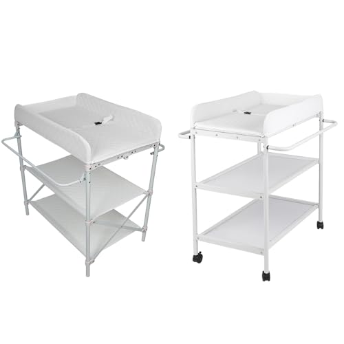 Cambiador multifuncional blanco con hebilla de seguridad, cambiador extraíble, ruedas giratorias silenciosas y estante de almacenamiento de varios niveles, 84 x 72 x 90 cm, color blanco