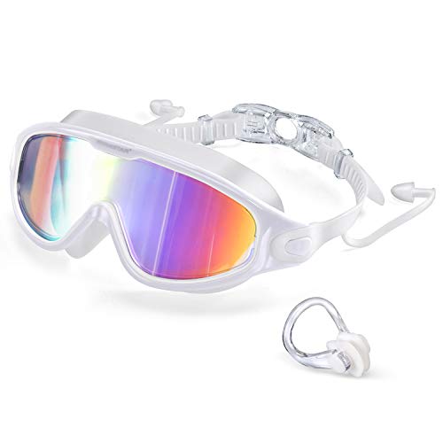 SwimStar Swim Goggles with Ear Plugs, UV Protection No Leak Anti Fog Swimming Glasses for Adult Women Men and Youth White
