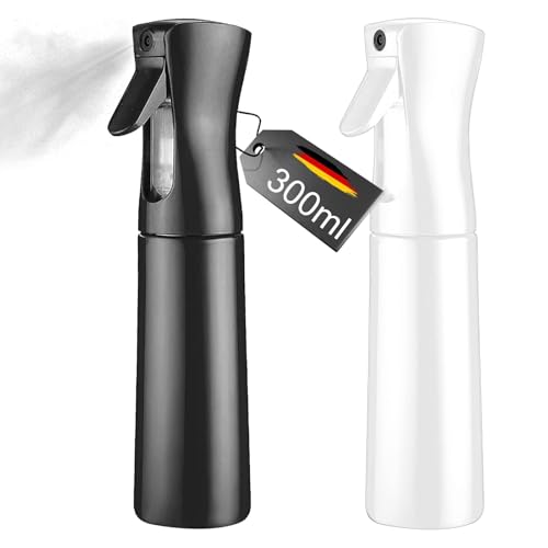 SINZONeu® Pack 2 Botellas Spray 300ml - Pulverizador Agua Nebulización Continua para Cabello, Plantas y Piel (Negro+Blanco)
