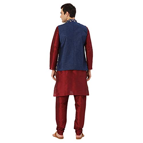Image of SOJANYA (Since 1958 Men's Cotton Linen Maroon Kurta and White Pyjama with Mustard Cotton Nehru Jacket