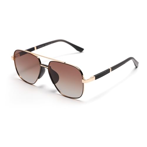 Classic Premium Aviator Sunglasses, Full UV Protection, Black Gold Metal Frame with Brown Polarized Lens2