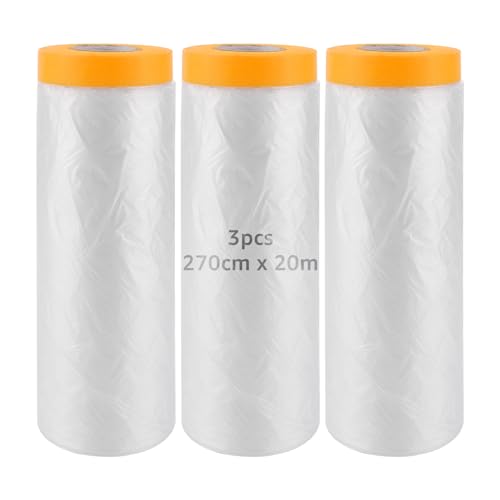3 Rollen Abdeckfolie mit Klebeband 270cm x 20m Transparente Maler Abdeckfolie mit Goldband UV Beständig Malerfolie mit Klebeband zum Staubschutz Selbstklebende Malerfolie zum Innen und Außen von Wand